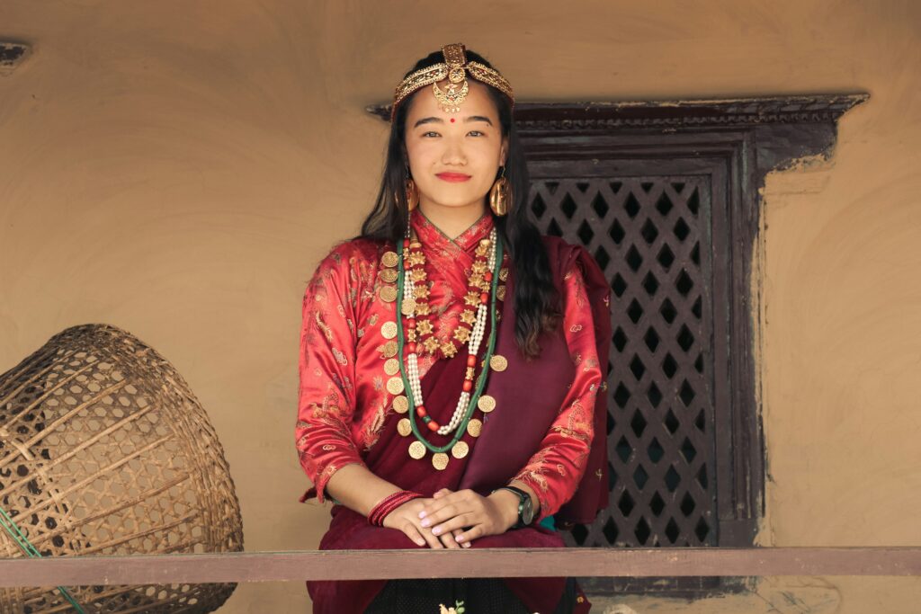 A beautiful girl wearing a gurung dress at ghandruk 
Gurung dress